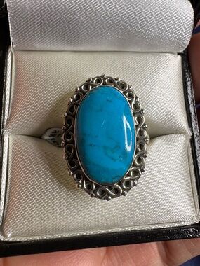 Ring Turquoise Oval Statement 925 Sterling Silver Filigree Bright Blue